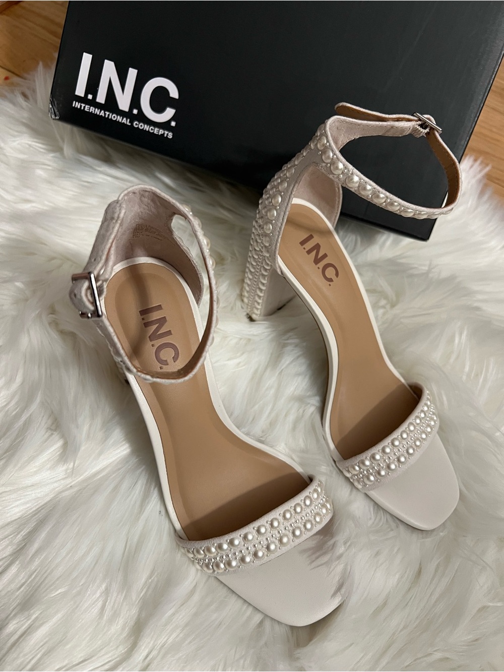 INC International Concepts Pearl-Embellished Heeled Sandals - White